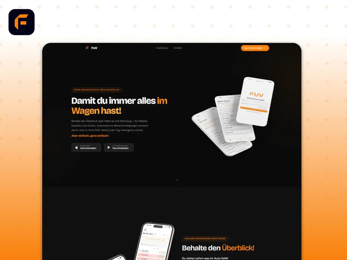FuV Marketing-Website mit App-Mockups und Download-Buttons